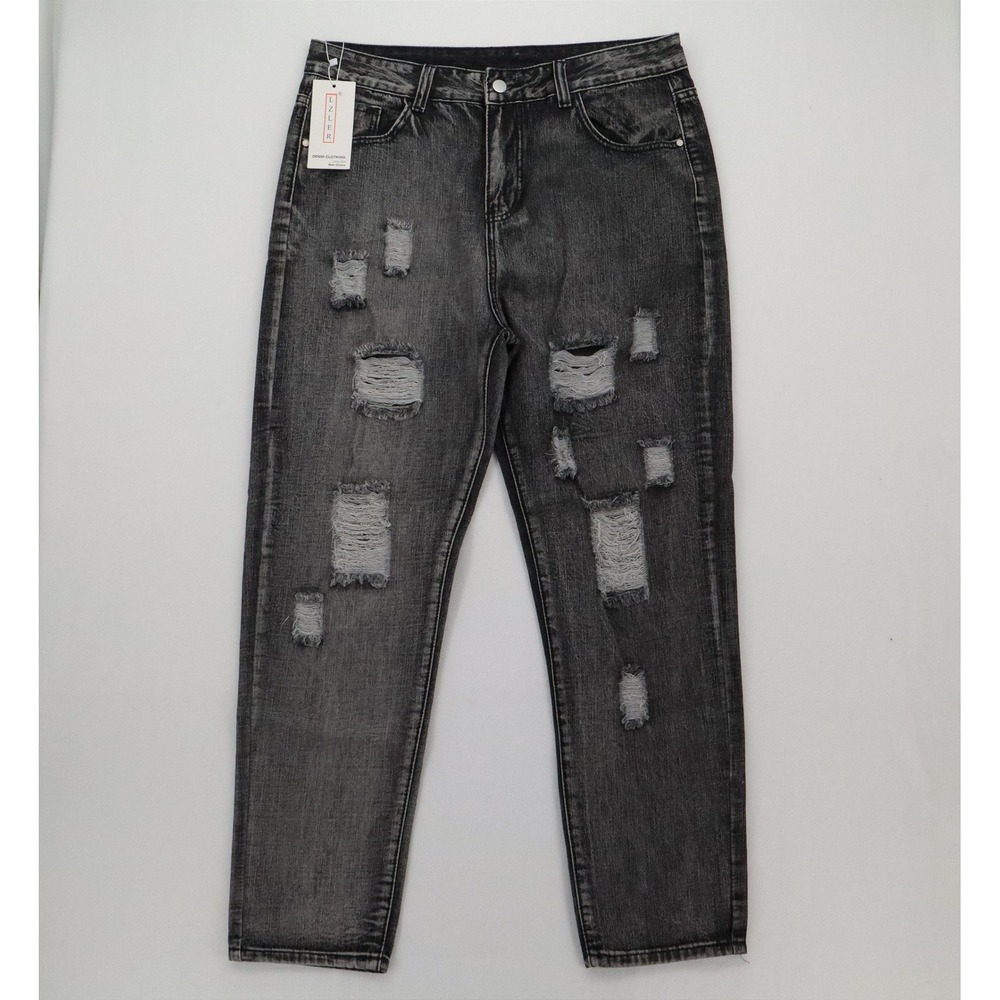 New LZLER Mens Sz 34 Distressed Ripped Jeans Washed Black‎ Straight Leg Denim